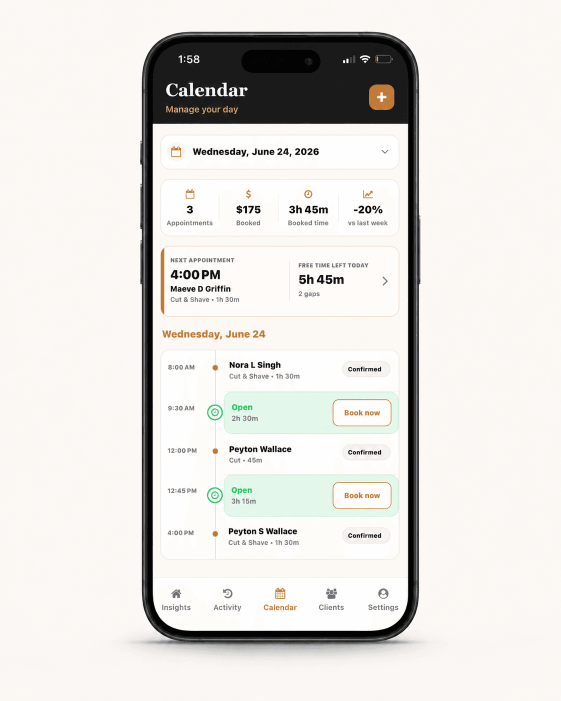 DripDesk calendar screen showing appointments, open time, and booking controls